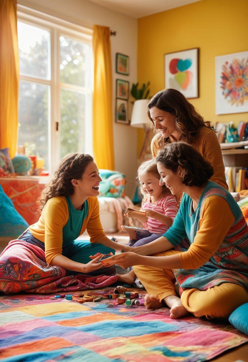 A joyful family of four engaging in colorful and imaginative playtime activities in a sunlit living room. The scene captures children building a fort with blankets, while parents join in and laughter fills the air. Surrounding them are art supplies, toys, and books scattered around, symbolizing creativity and learning together. The atmosphere is warm and inviting, evoking a sense of love and closeness. vibrant colors. cozy interior. whimsical style.