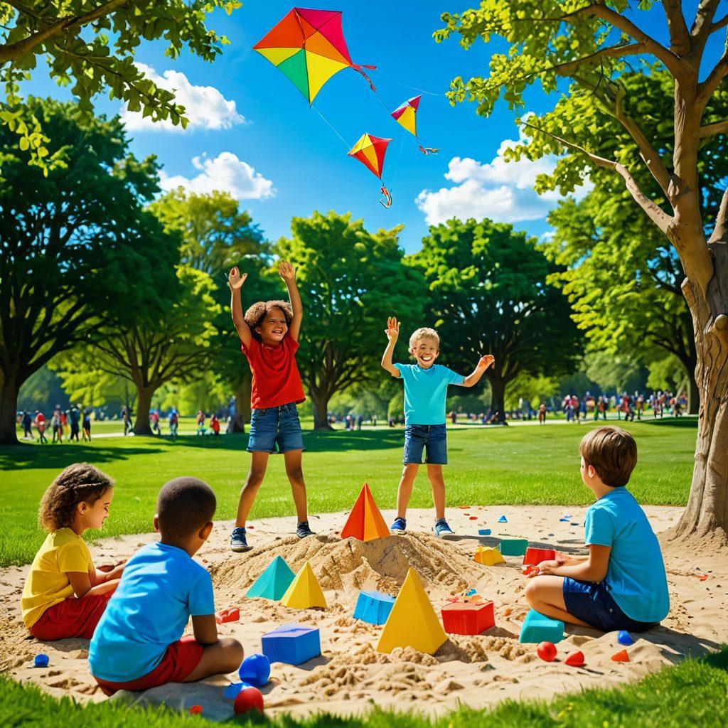 A vibrant scene showcasing a family playing together in a park, with children engaging in various playful activities like building a sandcastle and flying a kite. Surrounding them are colorful toys and laughter that captures the essence of joy and bonding. The background features soft greenery and a bright blue sky, symbolizing the importance of play in child development. super-realistic. vibrant colors. 3D.