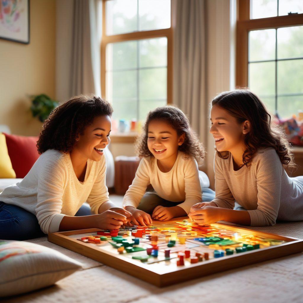 A vibrant family scene in a cozy living room, featuring children playing with innovative toys and board games, laughter and joy in their expressions. Colorful toys scattered around, including building blocks, educational puzzles, and creative art supplies, alongside a family engaging with each other. Soft afternoon light streaming through a window, creating a warm atmosphere. super-realistic. vibrant colors. cozy ambiance.
